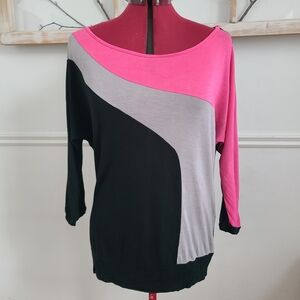 PROMO B2G1F | Colorblock Batwing Sleeve Top - Pink, Grey & Black - Large